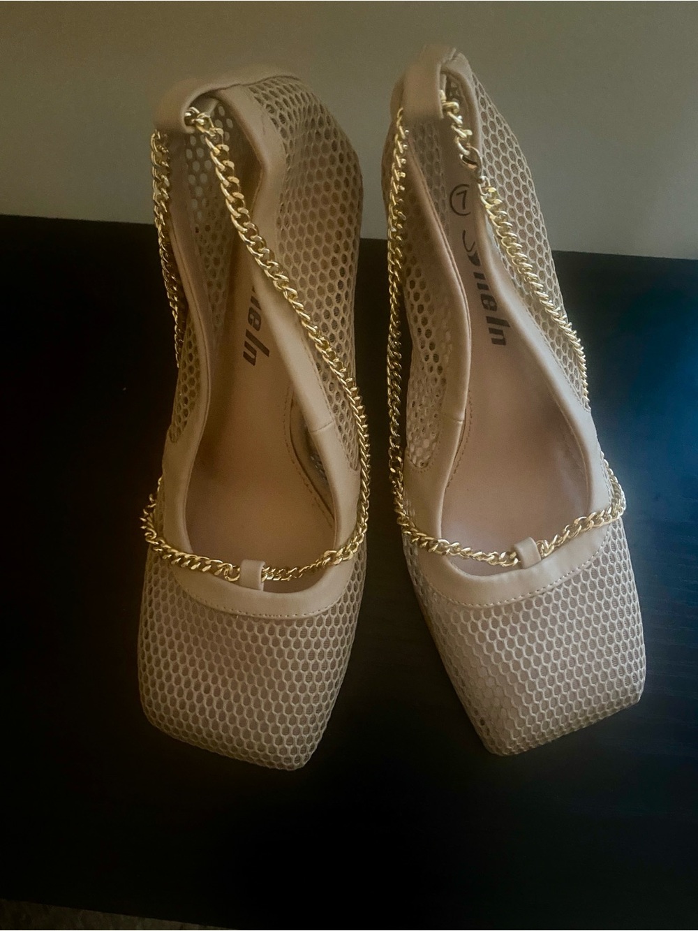 SHEIN Nude Mesh Chain-Strap Square-Toe Heels